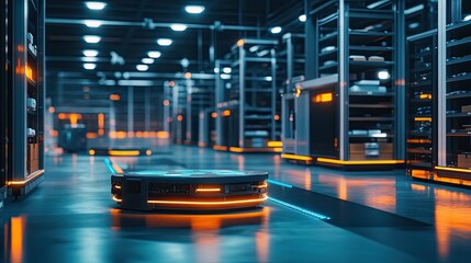 Poster - Modern Automated Warehouse with Intelligent Robots and Futuristic Storage Solutions in a High-Tech Logistics Environment
