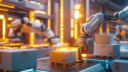 Poster - High-Tech Industrial Robotics in Action: Automated Systems Handling Packages Efficiently in a Modern Warehouse Environment with Futuristic Lighting