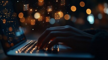 Poster - A person typing on a laptop with floating currency symbols in a glowing background.