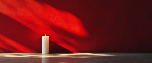 Aufkleber - A serene candle on a minimalist red wall, casting soft shadows.