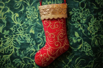 Wall Mural - Festive red Christmas stocking with gold embellishments hanging against a green floral background