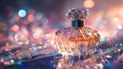 Poster - A sparkling perfume bottle surrounded by shimmering crystals and light.