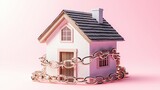 Small house wrapped in chains on a pink background. Real estate security and home protection.