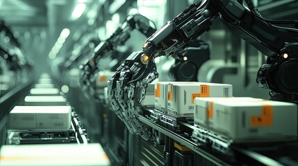 Poster - Advanced robotic arm sorting packages in a high-tech warehouse environment showcasing automation and efficiency in modern logistics and supply chain operations