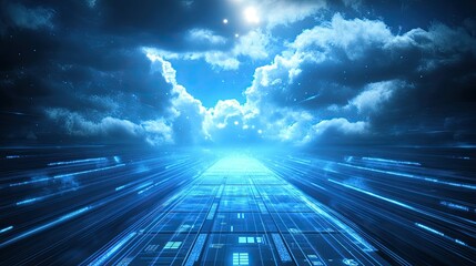 Poster - Futuristic Digital Pathway with Blue Light Rays and Clouds in a Surreal Sky, Evoking Technology, Data, and Infinite Possibilities for Creative Projects