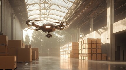 Poster - Aerial Drone Operates in Industrial Warehouse Surrounded by Stacked Boxes and Sunlight Filtering Through Roof Panels