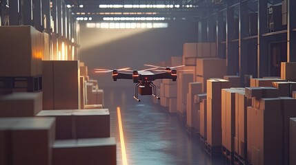 Poster - Autonomous Drone Navigating Through a Modern Warehouse Surrounded by Stacked Cardboard Boxes and Soft Illuminated Light Rays