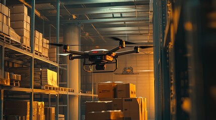 Poster - Aerial Drone Navigating Through a Modern Warehouse Filled with Cardboard Boxes and Shelving Units, Capturing Efficient Inventory Management in Action