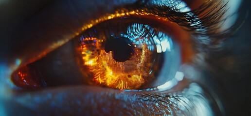 Poster - Close-up of an eye with vibrant, fiery colors reflecting a vivid scene.