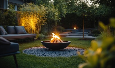 Aufkleber - Cozy garden with a fire pit surrounded by greenery and soft lighting.
