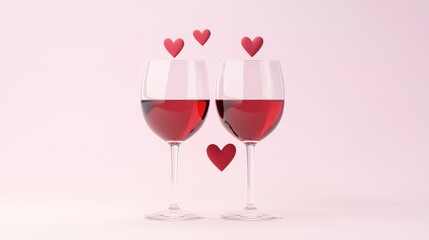 Wall Mural - Two glasses of red wine are placed side by side with floating hearts above, creating a romantic and celebratory atmosphere.