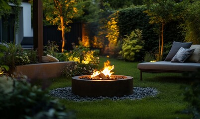 Aufkleber - Cozy garden with a fire pit surrounded by greenery and soft lighting.