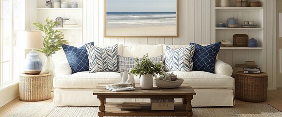 Aufkleber - Cozy living room with a beach-themed decor and comfortable furnishings.
