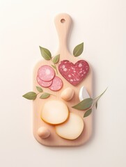 Wall Mural - A wooden cutting board displays assorted meats, cheeses, and fresh leaves, arranged artistically for a visually appealing presentation.