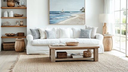 Poster - Cozy living room with a beach-themed painting and natural decor.