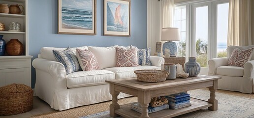 Poster - Cozy living room with nautical decor and natural light.