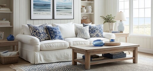 Poster - Cozy living room with white sofa, blue accents, and natural light.