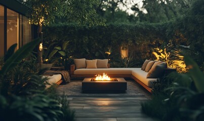Poster - Cozy outdoor seating area with a fire pit surrounded by lush greenery.