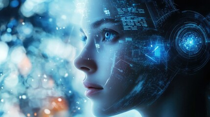 Poster - Futuristic Portrait of a Woman with High-Tech Features and Digital Interface Elements, Symbolizing Human-Machine Interaction and Advanced Technology Integration
