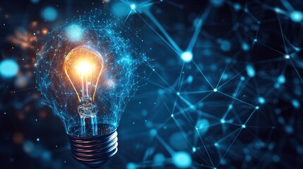 Poster - Abstract representation of a glowing light bulb surrounded by intricate networks symbolizing innovation, creativity, and advanced technology in a digital landscape