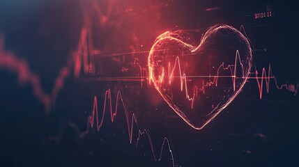 Poster - Abstract digital illustration of glowing heart shape surrounded by dynamic graphs and vibrant red and black color palette representing healthcare and love themes