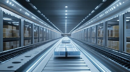 Poster - Futuristic Automated Warehouse with Conveyor Belt Transporting Packages in a High-Tech Environment Under Bright LED Lights