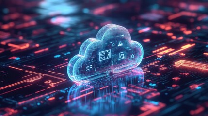 Poster - Futuristic Digital Cloud Storage Concept with Neon Lights and Data Visualizations Representing Modern Technology Infrastructure