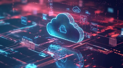 Poster - Futuristic Digital Cloud Computing Concept with Neon Lights and Data Connections in a High-Tech Environment