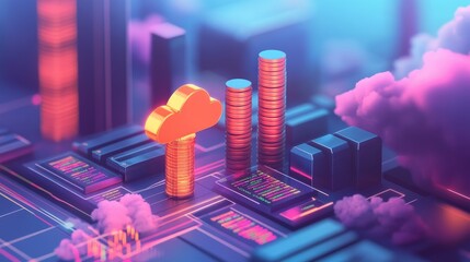 Poster - Abstract representation of cloud computing and digital finance with bright neon colors highlighting coins, buildings, and data connections in a futuristic cityscape.
