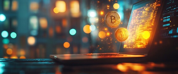Poster - Laptop displaying digital cryptocurrency with glowing coins floating above.