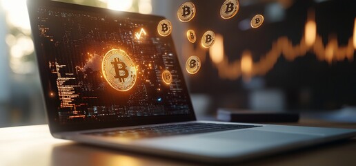 Leinwandbilder - Laptop displaying Bitcoin graphics and digital currency elements.