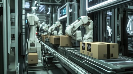 Poster - Advanced Robotic Automation in a High-Tech Warehouse, Showcasing Cutting-Edge Technology in Packaging and Logistics with Multiple Robots Handling Boxes