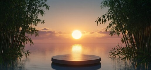 Poster - Serene sunset over calm waters framed by bamboo.