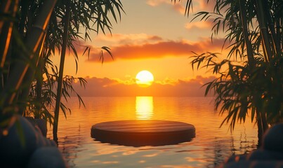 Poster - Serene sunset over calm waters framed by bamboo.