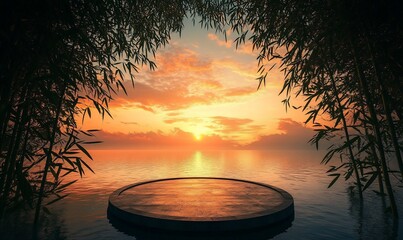 Aufkleber - Serene sunset over water framed by bamboo, creating a tranquil atmosphere.
