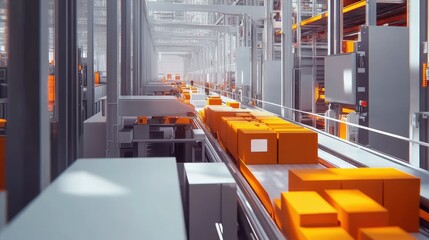 Poster - High-Tech Warehouse Interior Featuring Automated Conveyor Belt System with Colorful Packages in a Modern Logistics Facility