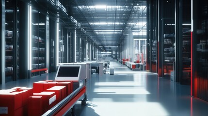 Poster - Modern Warehouse Interior with Automated Systems and Shelves Full of Packages in a High-Tech Distribution Center