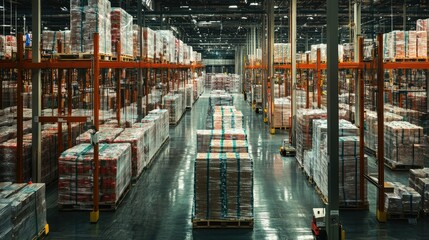 Poster - Organized warehouse interior with rows of stacked pallets, efficient storage system, well-lit industrial space showcasing logistics and supply chain management.
