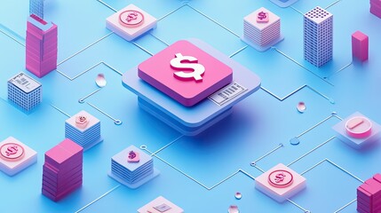 Poster - Abstract financial technology design featuring virtual currency, digital transactions, and futuristic architecture, showcasing modern banking concepts and payment systems
