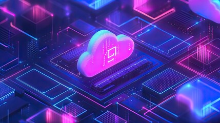 Poster - Futuristic Cloud Computing Concept with Neon Colors and Circuitry Elements Representing Data Transfer and Digital Technology in a Dynamic Environment