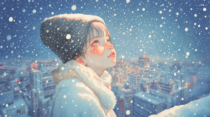 Wall Mural - 都会に降る雪を見上げる女性