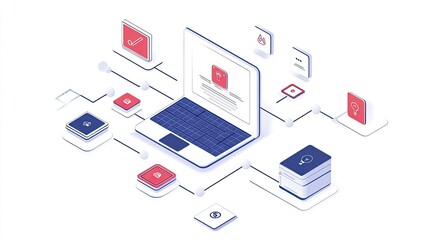 Poster - Modern Digital Workspace with Laptop and Connected Devices Illustrating Workflow Management and Productivity Tools for Business Documentation and Organization