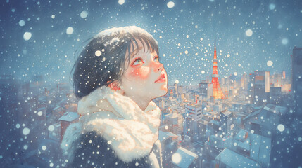 Wall Mural - 都会に降る雪を見上げる女性