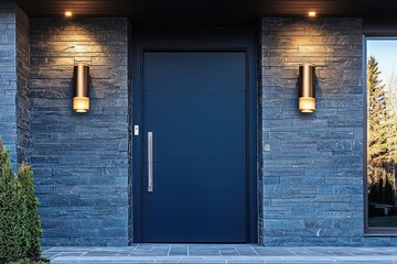 Wall Mural - Deep navy front door paired with chic sconces for a sophisticated and bold entrance.