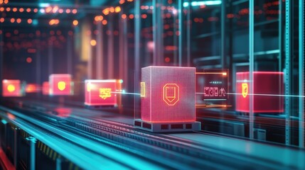 Poster - Futuristic Warehouse with Neon Boxes Representing Data Security and Protection in a High-Tech Automated Environment