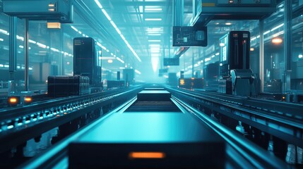 Poster - Futuristic warehouse with advanced automation technology featuring conveyor belts, cargo boxes, and illuminated pathways in a streamlined industrial environment