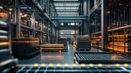Poster - Modern Industrial Warehouse Interior with Storage Racks and Ambient Lighting in a Spacious Distribution Center for Logistics and Supply Chain Management