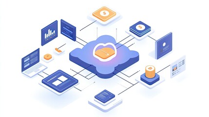 Poster - Modern Digital Cloud Technology Concept with Data Analytics and Financial Management Icons Representing Secure Data Storage and Information Exchange Solutions