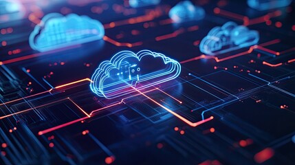 Poster - Digital cloud technology representation with glowing lines and abstract socket connections symbolizing data transfer and network communication in a futuristic environment