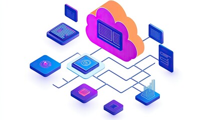 Poster - Colorful Cloud Computing Concept Illustrating Data Storage, Analysis, and Processing with Technology Elements in a Modern Digital Environment